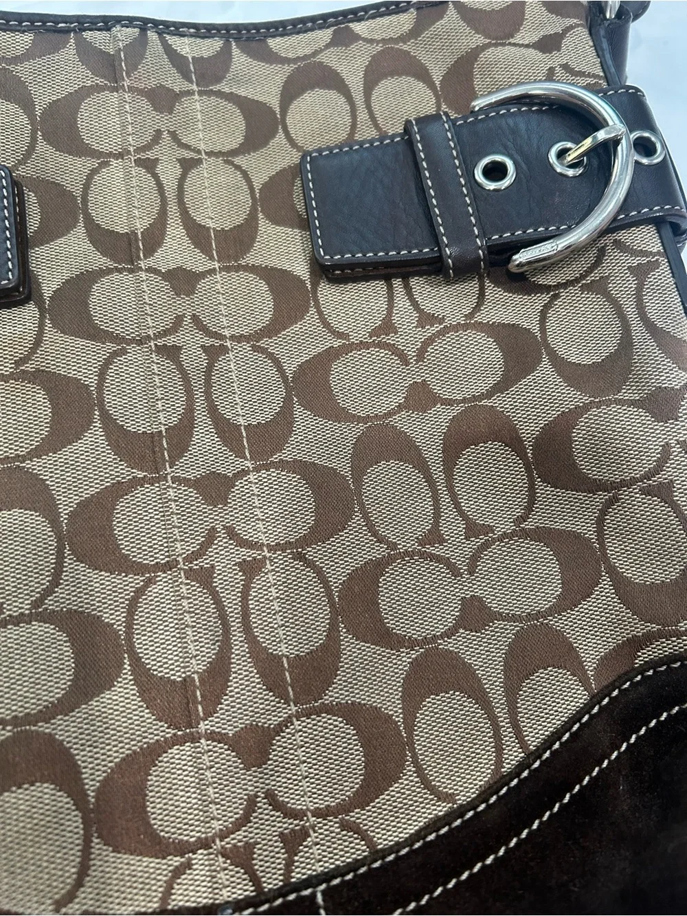 Coach Brown Signature Canvas Shoulder Bag with Dark Trim